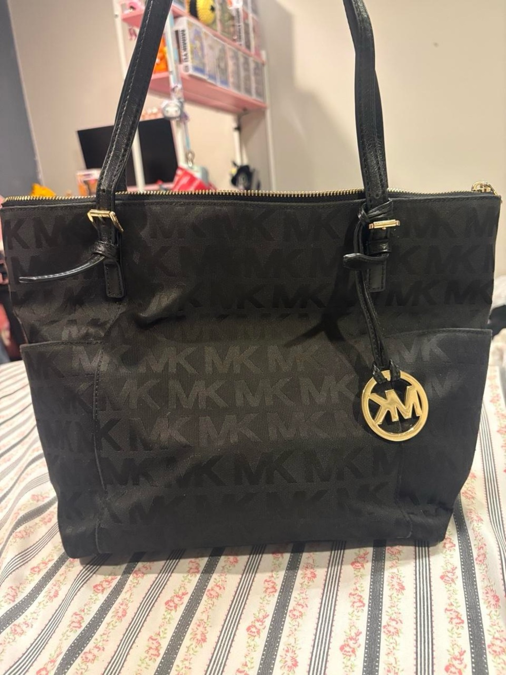 Michael Kors Black MK Logo Tote with Gold Hardware
